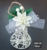 Clopoțel decorativ Crăciun alb cu floare și perlute - 12cm 5/set